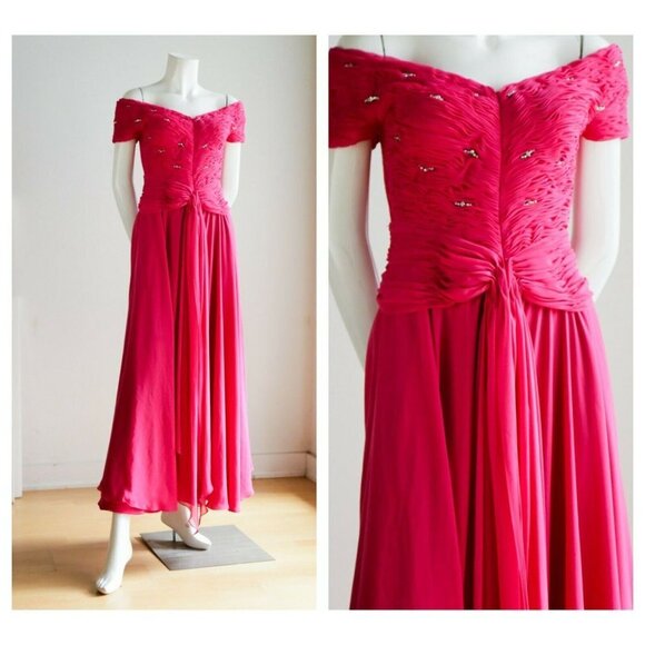 Vintage Pink Gathered Ruched Bodice Off The Shoulder Chiffon Gown w rhinestones - Picture 1 of 12